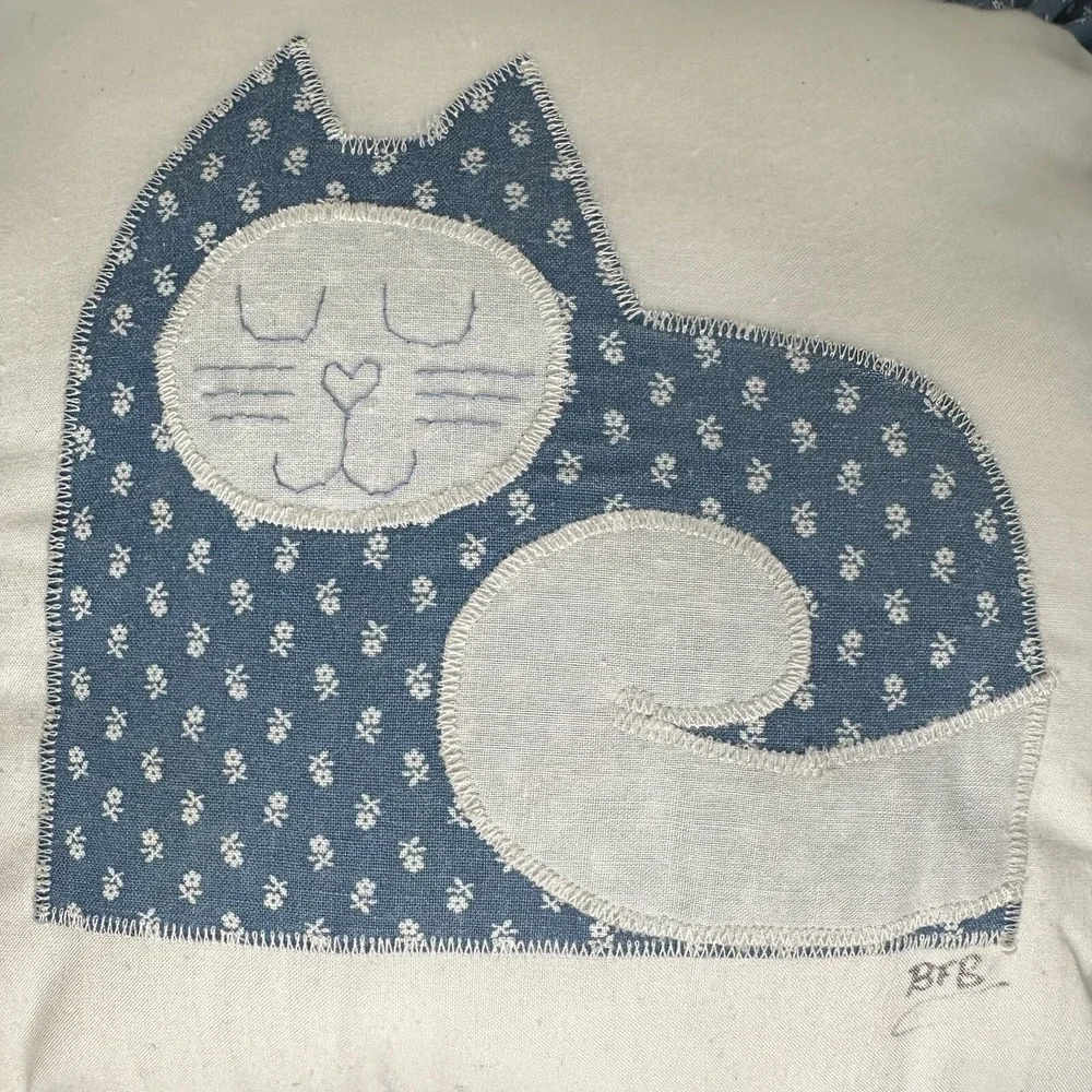 Vintage Quilt Cat Throw Pillow Blue Ruffle Grannycore Embroidered Handmade Kitty